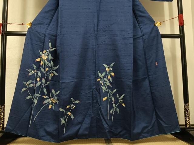 平和屋着物●十日町友禅作家 岡村蒼風 訪問着 友禅 作家物 紬地 枝花文 正絹 逸品 AABI7471ph
