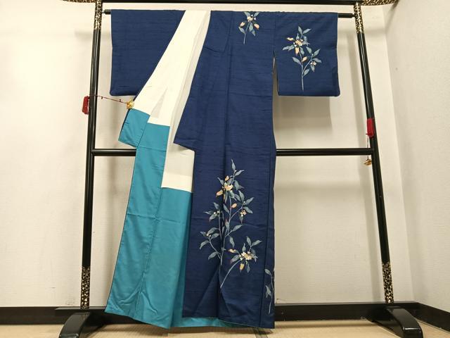 平和屋着物●十日町友禅作家 岡村蒼風 訪問着 友禅 作家物 紬地 枝花文 正絹 逸品 AABI7471ph