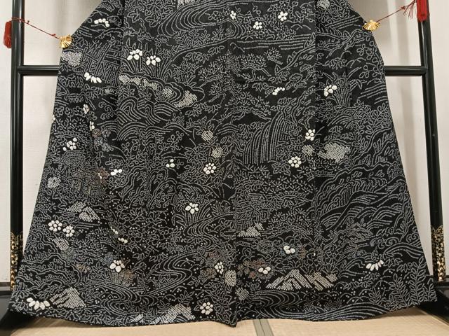 平和屋着物●訪問着 総絞り 風景草花文 黒地 金彩 正絹 逸品 AABI7478ph