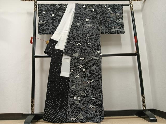 平和屋着物●訪問着 総絞り 風景草花文 黒地 金彩 正絹 逸品 AABI7478ph