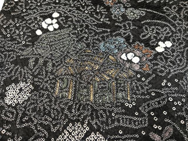 平和屋着物●訪問着 総絞り 風景草花文 黒地 金彩 正絹 逸品 AABI7478ph