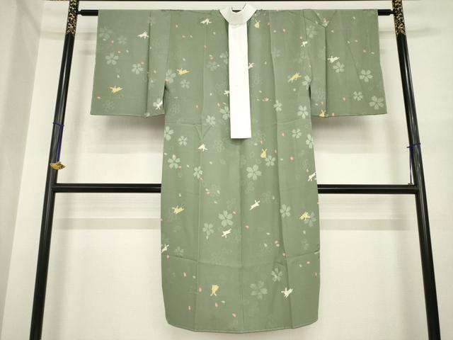 平和屋着物●京草木染 長襦袢 無双仕立て うさぎ 兎 桜 反端付き 正絹 逸品 未使用 AABI7523ck