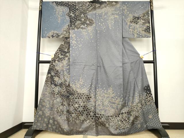 平和屋着物●本場大島紬 染大島 訪問着 辻が花 雪芝花籬文 金彩 正絹 逸品 AABI7537ck