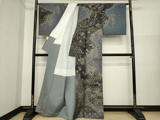 平和屋着物●本場大島紬 染大島 訪問着 辻が花 雪芝花籬文 金彩 正絹 逸品 AABI7537ck