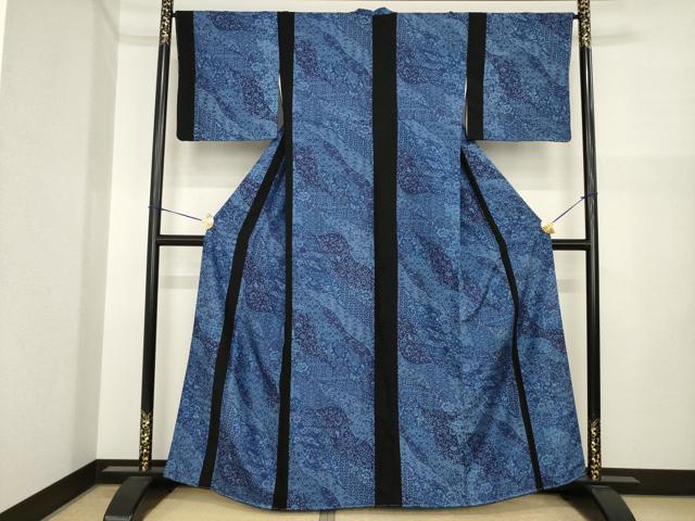 平和屋着物●上質な小紋 切継 藍 道長更紗花文 正絹 逸品 AABI7543ck