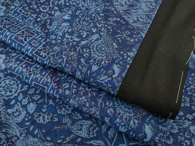 平和屋着物●上質な小紋 切継 藍 道長更紗花文 正絹 逸品 AABI7543ck