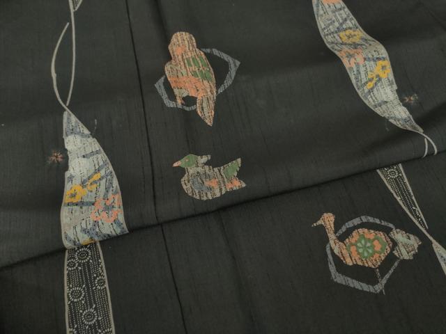 平和屋着物●訪問着 紬地 絞り 花鳥文 黒地 正絹 逸品 AABI7561ck