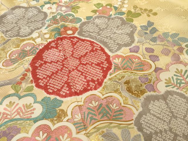 平和屋着物●豪華振袖 駒刺繍 絞り 枝花文 松 金彩 正絹 逸品 AABI7571ck