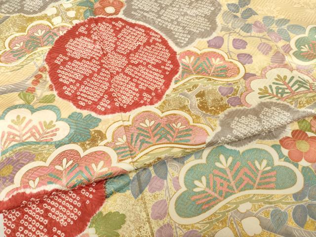 平和屋着物●豪華振袖 駒刺繍 絞り 枝花文 松 金彩 正絹 逸品 AABI7571ck