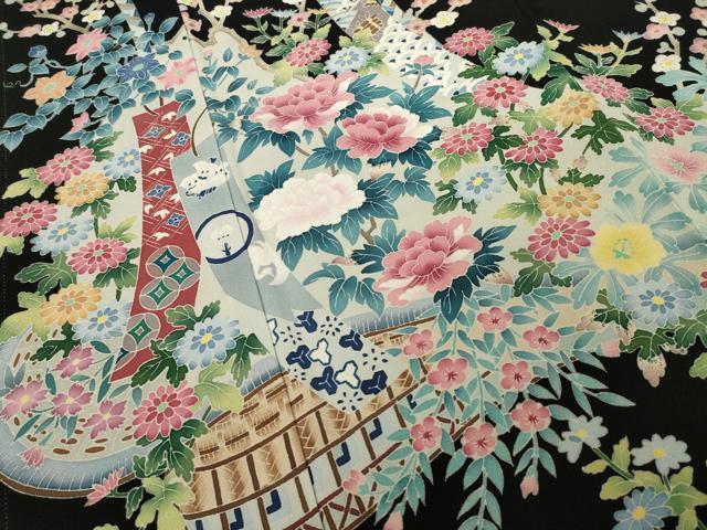 平和屋着物●本加賀友禅作家 染元千紅代表 寺西一紘 黒留袖 短冊花篭文 正絹 逸品 AABI7588ck