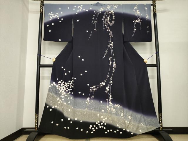 平和屋着物●訪問着 夜桜 暈し染め 銀彩 鬼しぼ縮緬 正絹 逸品 AABI7591ck