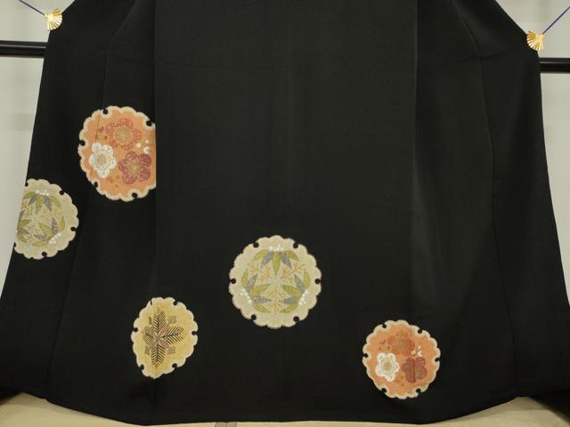 平和屋着物●訪問着 雪輪花文 黒地 金彩 鬼しぼ縮緬 正絹 逸品 AABI7593ck