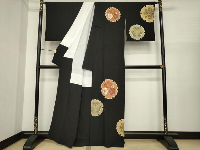 平和屋着物●訪問着 雪輪花文 黒地 金彩 鬼しぼ縮緬 正絹 逸品 AABI7593ck