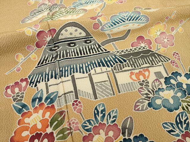 平和屋着物●訪問着 型染め 風景花文 鬼しぼ縮緬 正絹 逸品 AABI7596ck