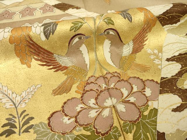 平和屋着物●色留訪問着 駒刺繍 向かい鳥更紗花文 金彩 三越扱い 正絹 逸品 AABI7597ck
