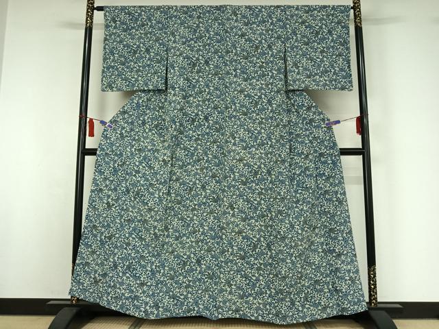 平和屋着物▽上質な小紋 単衣 藍 型染め 花唐草文 鬼しぼ縮緬 正絹 逸品 AABI7601jh