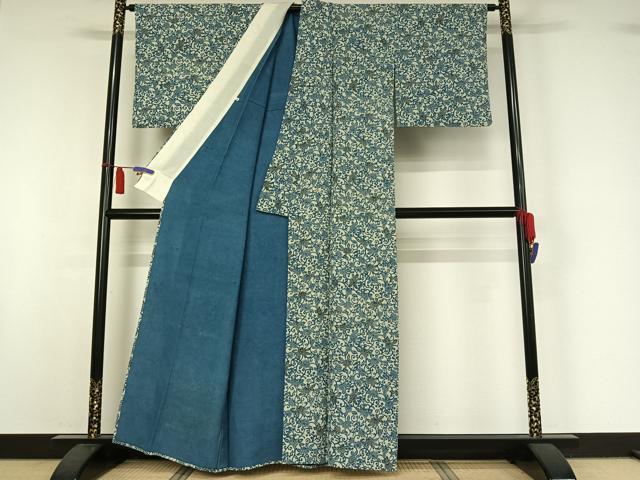 平和屋着物▽上質な小紋 単衣 藍 型染め 花唐草文 鬼しぼ縮緬 正絹 逸品 AABI7601jh