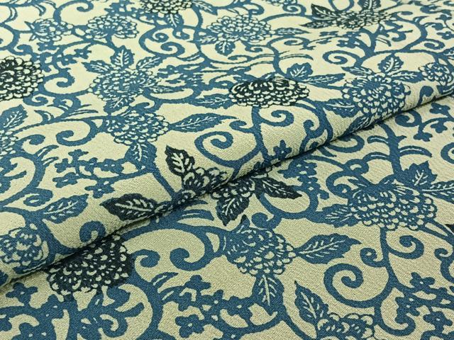 平和屋着物▽上質な小紋 単衣 藍 型染め 花唐草文 鬼しぼ縮緬 正絹 逸品 AABI7601jh