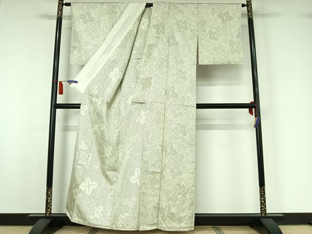 平和屋着物▽お召 単衣 草葉文 正絹 逸品 AABI7602jh