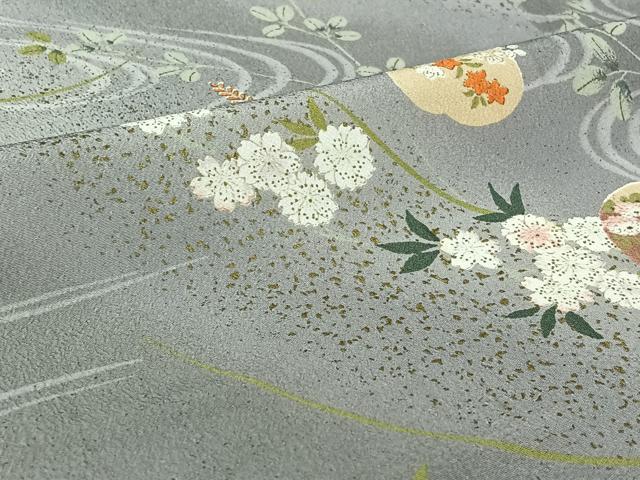 平和屋着物▽小紋 単衣 流水花文 金彩 洗える着物 AABI7613jh