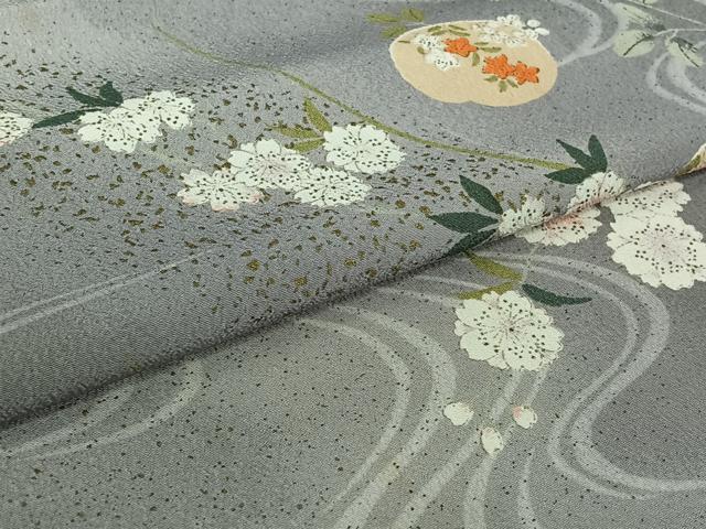 平和屋着物▽小紋 単衣 流水花文 金彩 洗える着物 AABI7613jh