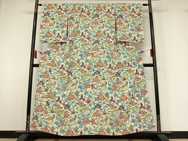 平和屋着物▽上質な小紋 単衣 花鳥文 正絹 逸品 AABI7616jh