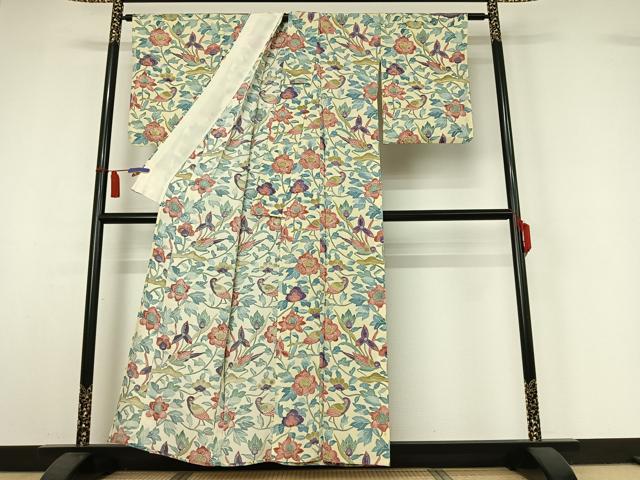 平和屋着物▽上質な小紋 単衣 花鳥文 正絹 逸品 AABI7616jh