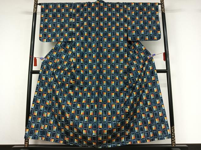 平和屋着物▽上質な紬 単衣 幾何学文様 正絹 逸品 AABI7624jh