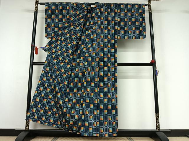 平和屋着物▽上質な紬 単衣 幾何学文様 正絹 逸品 AABI7624jh