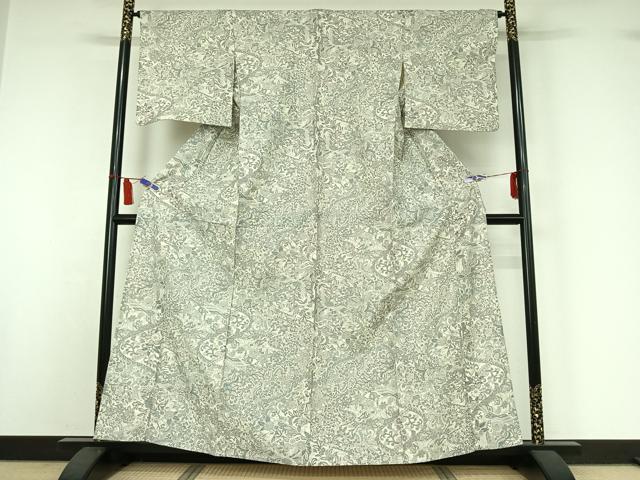 平和屋着物▽上質な小紋 単衣 紬地 鳳凰更紗花文 正絹 逸品 AABI7627jh
