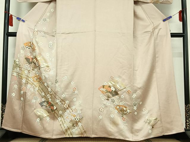 平和屋着物▽訪問着 単衣 扇面飛鶴花文 金彩 正絹 逸品 AABI7639jh