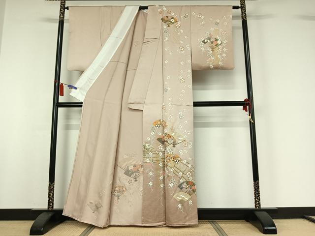 平和屋着物▽訪問着 単衣 扇面飛鶴花文 金彩 正絹 逸品 AABI7639jh