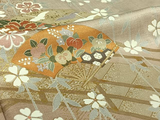 平和屋着物▽訪問着 単衣 扇面飛鶴花文 金彩 正絹 逸品 AABI7639jh