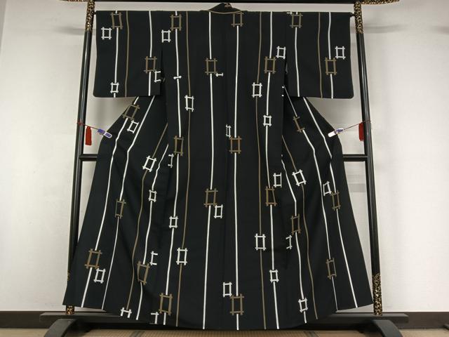 平和屋着物▽小紋 単衣 幾何学文様 黒地 洗える着物 AABI7641jh