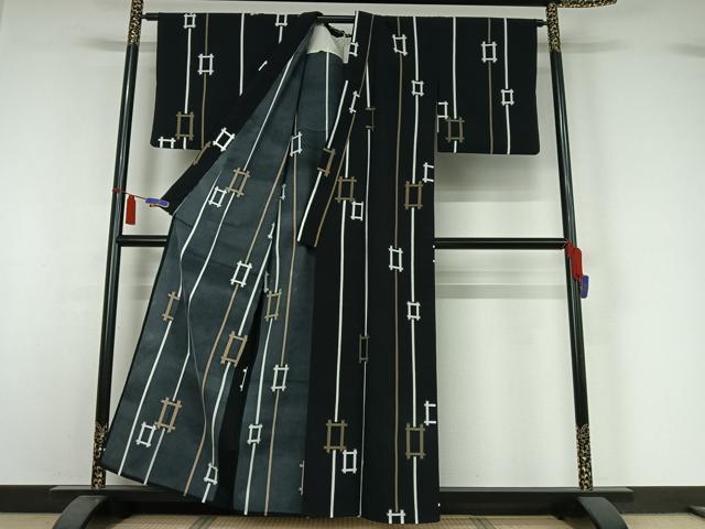 平和屋着物▽小紋 単衣 幾何学文様 黒地 洗える着物 AABI7641jh