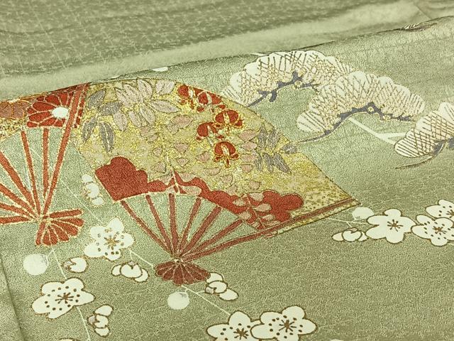 平和屋着物▽訪問着 単衣 駒刺繍 扇面花文 金糸 金彩 正絹 逸品 AABI7643jh