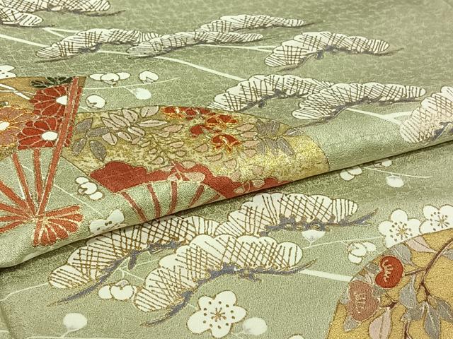 平和屋着物▽訪問着 単衣 駒刺繍 扇面花文 金糸 金彩 正絹 逸品 AABI7643jh