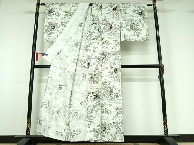 平和屋着物▽小紋 単衣 花車文 金彩 洗える着物 AABI7645jh