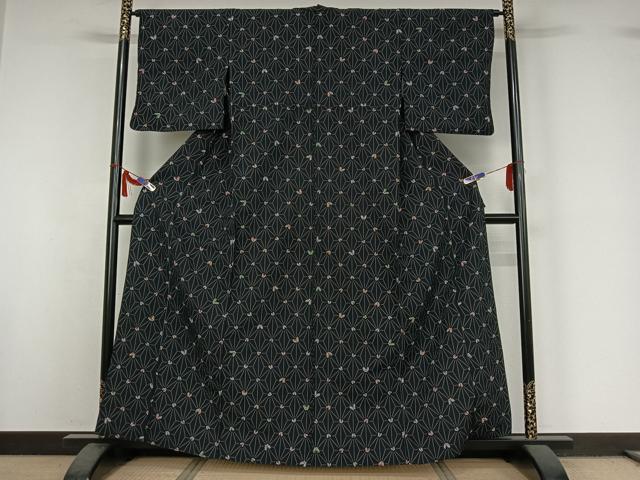 平和屋着物▽小紋 単衣 麻の葉舞蝶文 黒地 洗える着物 AABI7650jh