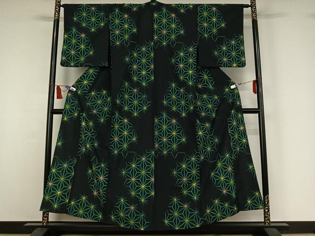 平和屋着物▽小紋 単衣 麻の葉文様 黒地 洗える着物 AABI7651jh