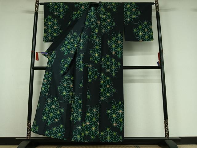 平和屋着物▽小紋 単衣 麻の葉文様 黒地 洗える着物 AABI7651jh