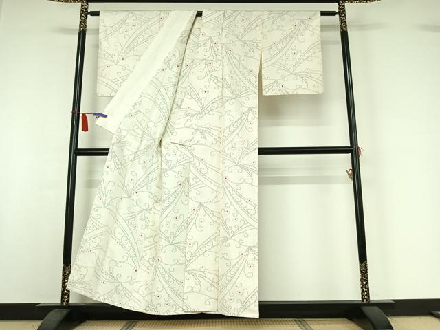 平和屋着物▽上質な紬 単衣 花唐草文 正絹 逸品 AABI7653jh