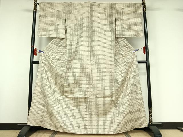 平和屋着物▽上質な紬 単衣 格子 正絹 逸品 AABI7657jh