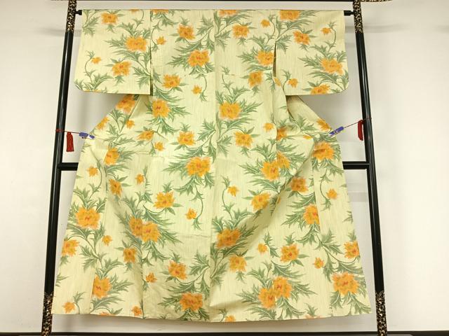 平和屋着物▽上質な紬 単衣 草花文 正絹 逸品 AABI7660jh