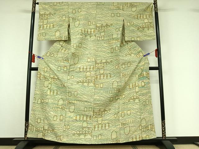 平和屋着物▽上質な紬 単衣 風景文 正絹 逸品 AABI7661jh