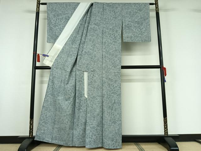 平和屋着物▽上質な紬 単衣 草花文 正絹 逸品 AABI7662jh