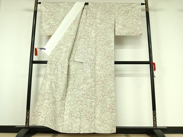 平和屋着物▽上質な紬 単衣 草花文 正絹 逸品 AABI7665jh
