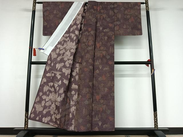 平和屋着物▽上質な紬 単衣 風景文 反端付き 正絹 逸品 AABI7670jh