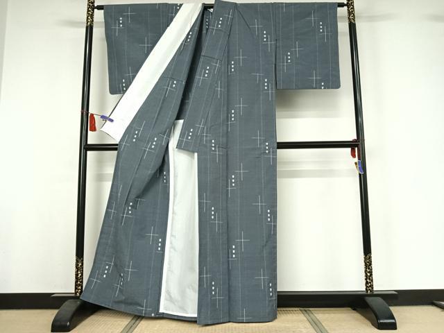 平和屋着物▽上質な紬 単衣 十字絣 正絹 逸品 AABI7679jh
