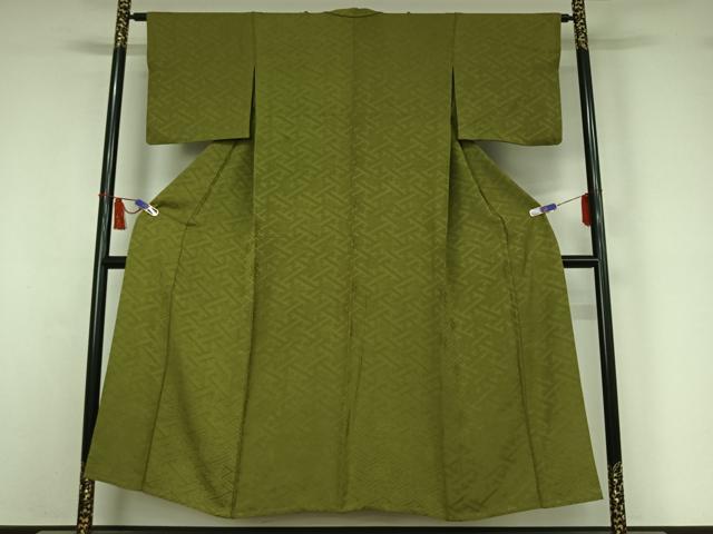 平和屋着物▽上質な色無地 単衣 紗綾形花地紋 青丹色 正絹 逸品 AABI7682jh